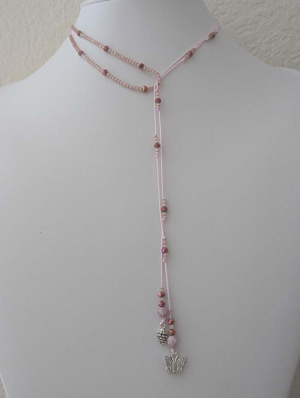 Boho Pink Beaded Lariat Necklace 1m Convertible Crystal Butterfly Charm